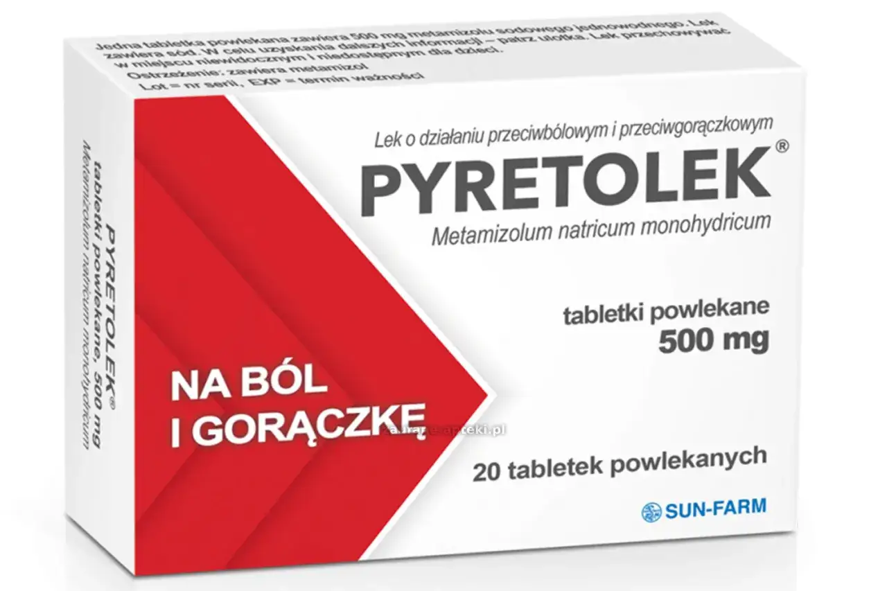 Opakowanie leku PYRETOLEK z metamizolem na ból i gorączkę. Tabletki powlekane 500 mg.
