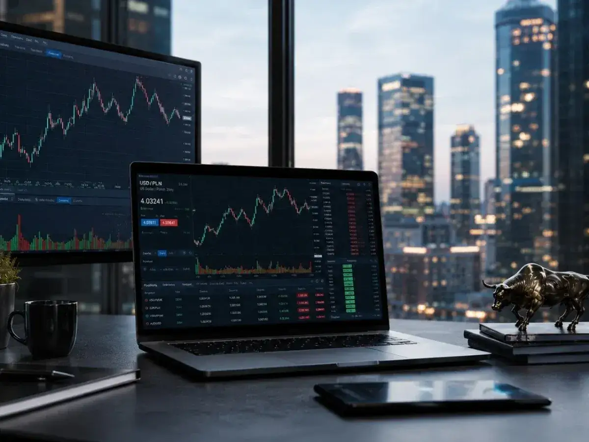 Biurko z laptopem i monitorem wyświetlającymi wykresy giełdowe. W tle nocna panorama miasta, symbolizująca dynamiczne **vantage markets**.
