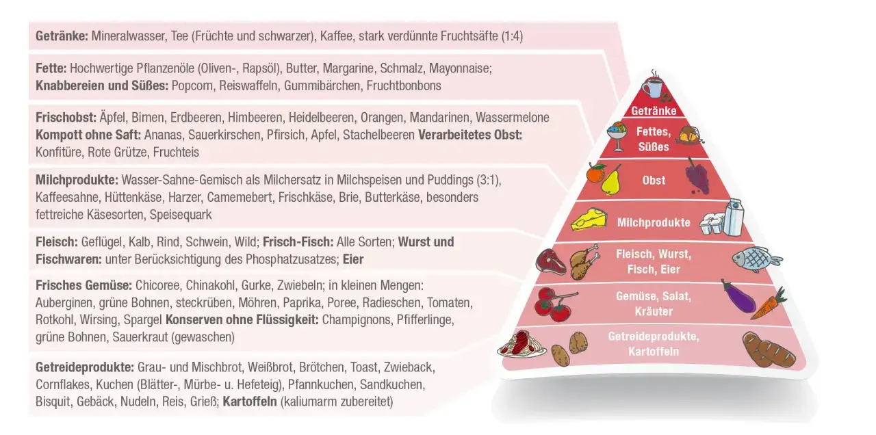 Bei Niereninsuffizienz: Geflügel, Kalb, Rind, Schwein, Wild, Fisch, Eier sind erlaubt. Kartoffeln kaliumarm zubereitet.