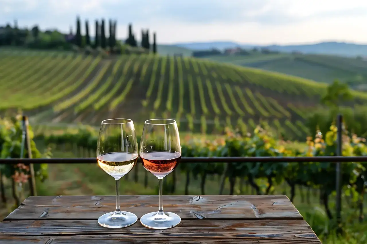Due calici di vino, bianco e rosato, su un tavolo di legno con vigneti a perdita d'occhio a Castellina in Chianti.
