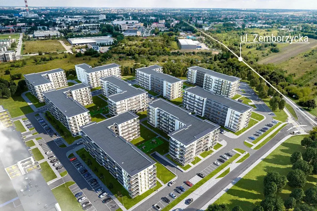 Nowoczesne osiedle mieszkaniowe przy ul. Zemborzyckiej. Wiele budynków tworzy przestronne, zielone dziedzińce. Idealne mieszkanie TBS.