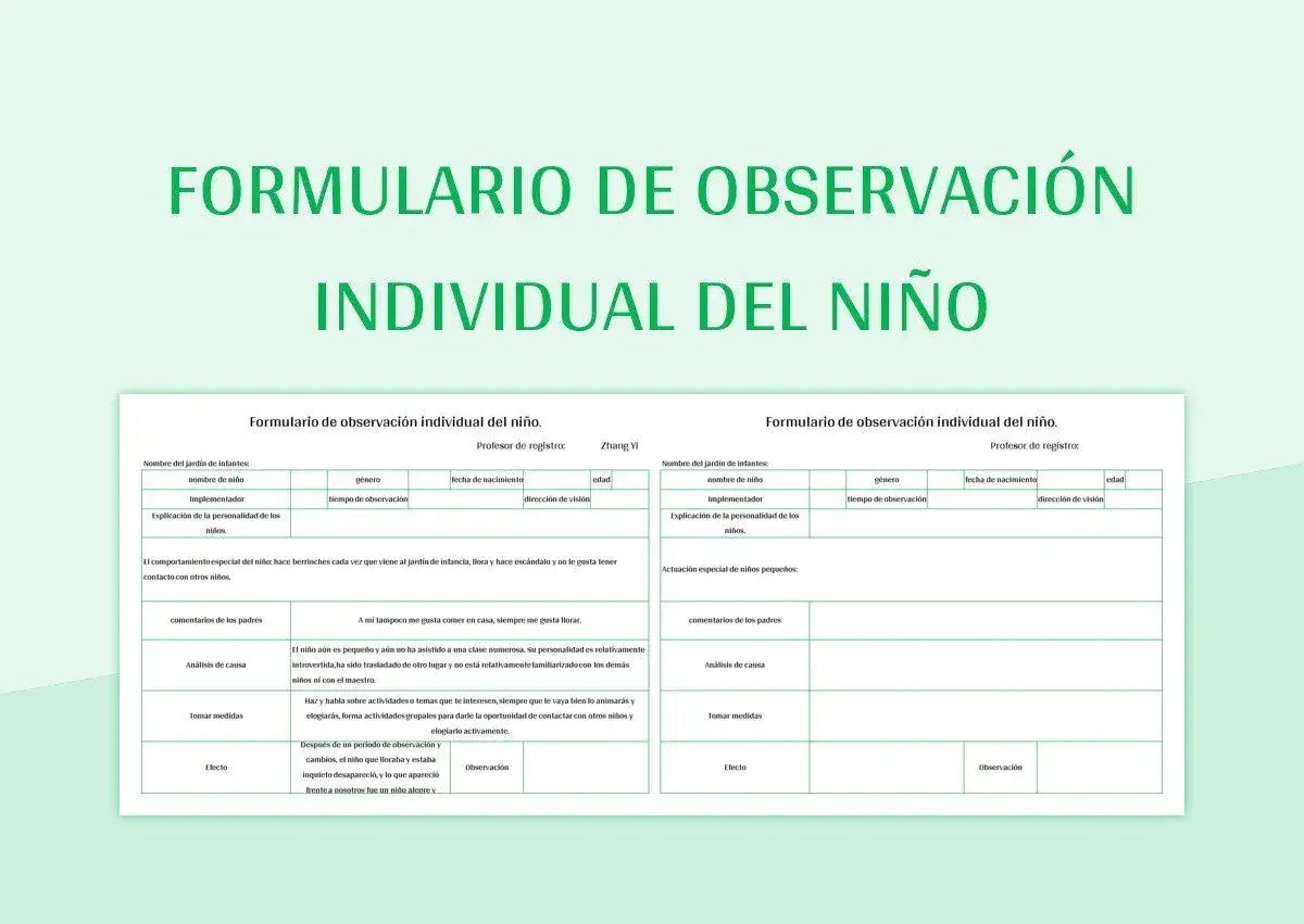 Formulario de anecdotario infantil con datos de observaci&oacute;n individual de ni&ntilde;os, incluyendo comportamiento, comentarios y medidas.