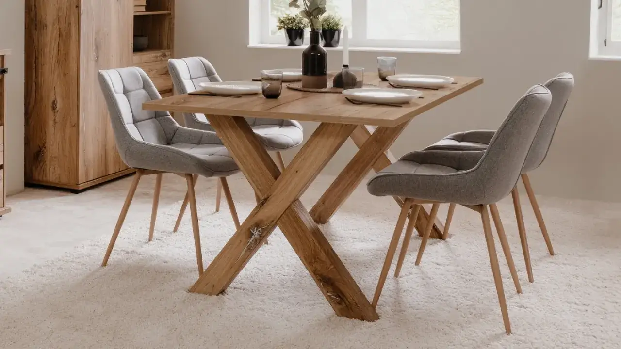 Table en bois rustique avec 4 chaises grises, idéale pour une dimension salle à manger 8 personnes. Un buffet en bois complète l'ensemble.