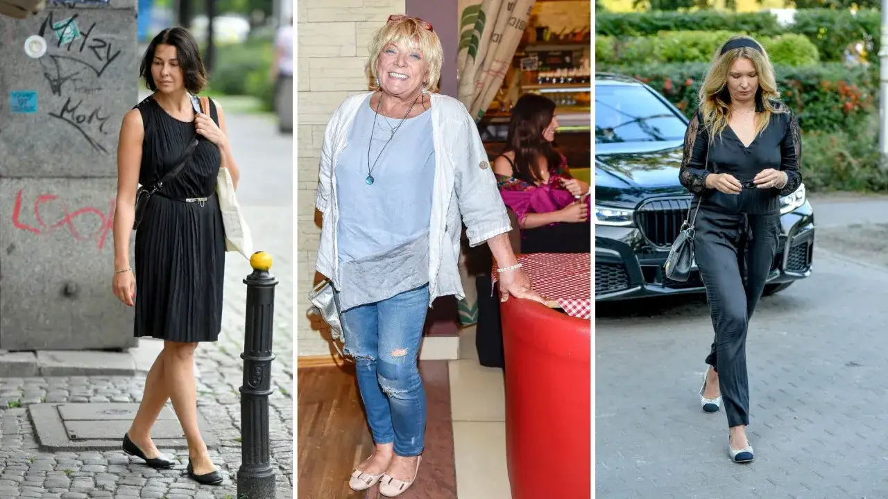 Trzy kobiety w różnych stylizacjach. Jedna w czarnej sukience, druga w jeansach i luźnej bluzce, trzecia w czarnym kombinezonie. Każda z nich ma na nogach baleriny.