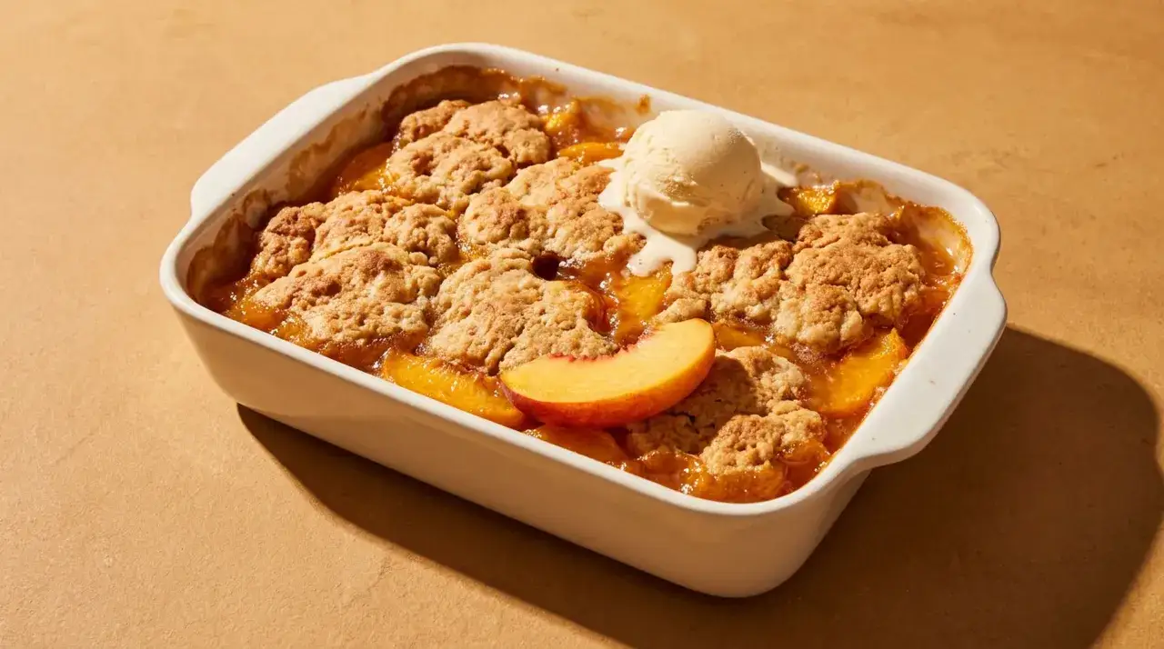 Ein warmer, goldbrauner Peach Cobbler mit einer Kugel Vanilleeis und einer Pfirsichscheibe obendrauf.