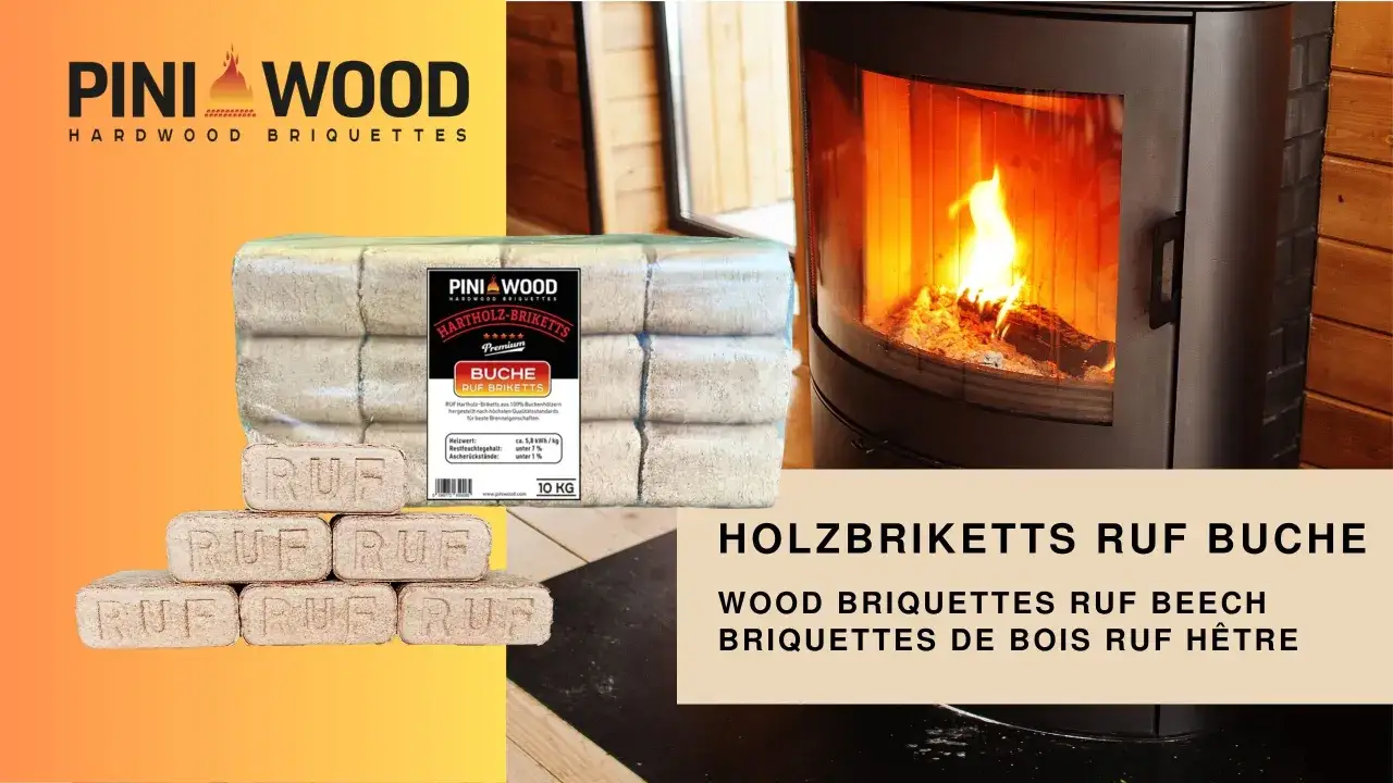 Holzbriketts RUF Buche f&uuml;r lange Brenndauer im Kamin. Stapel von Buchenholz-Briketts neben einem brennenden Ofen.