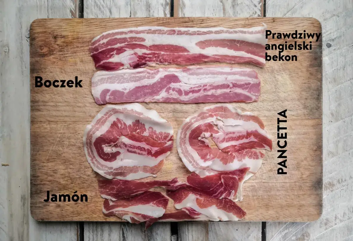 Na desce leżą różne rodzaje mięsa: boczek, prawdziwy angielski bekon, jamón i pancetta.