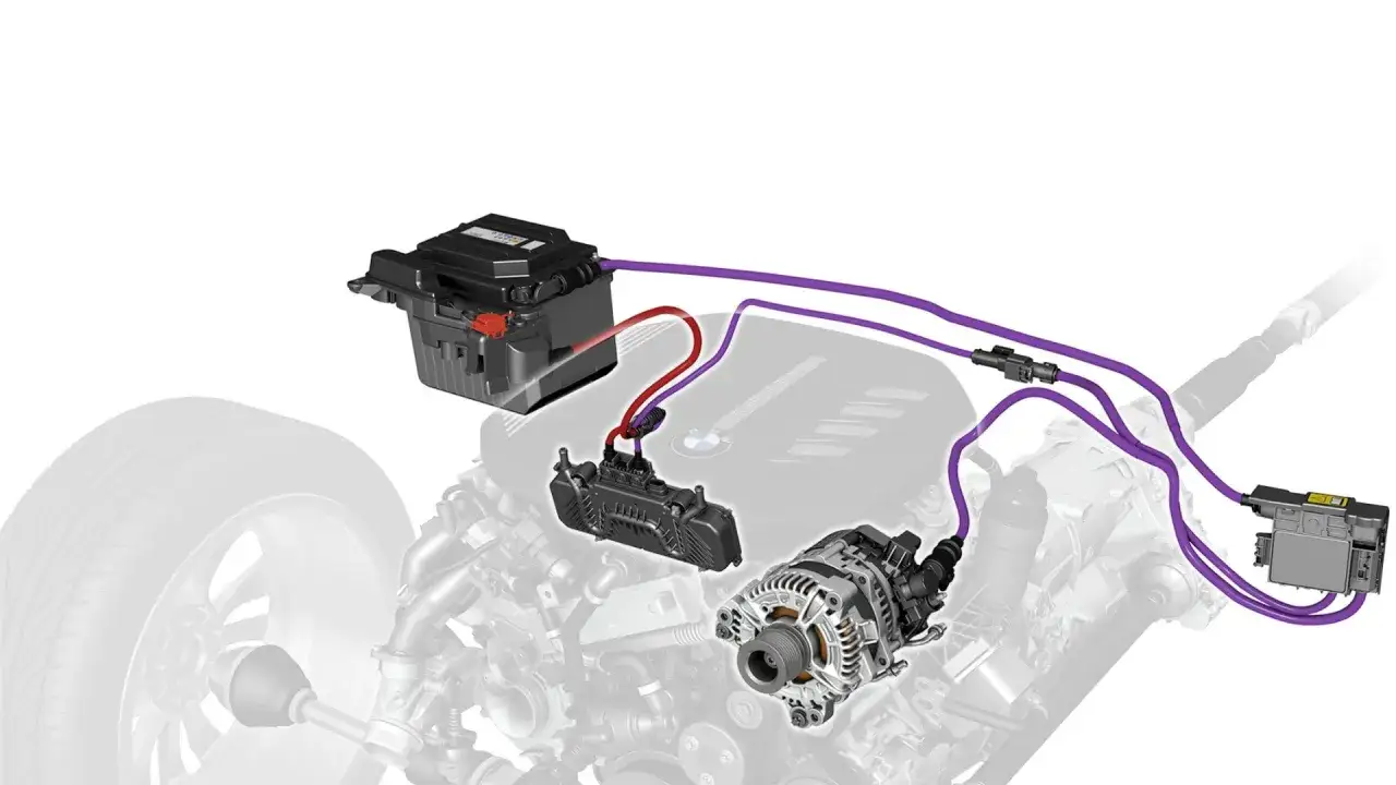 Schema di un motore ibrido diesel con batteria, alternatore e centralina collegati.