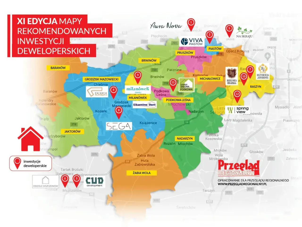 Mapa rekomendowanych nowych inwestycji w Warszawie i okolicach.