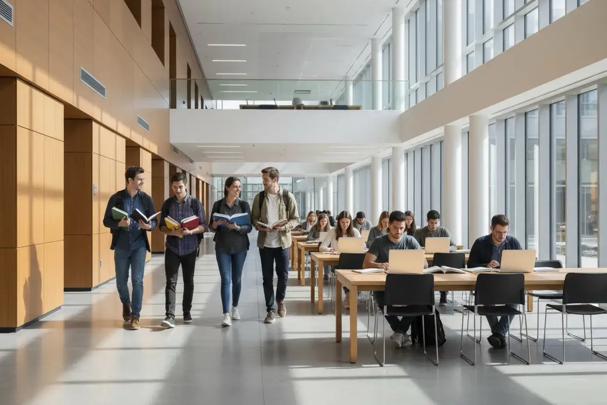 Studenci idą korytarzem, niosąc książki. W tle inni uczą się przy laptopach, przygotowując się do studiów po licencjacie.