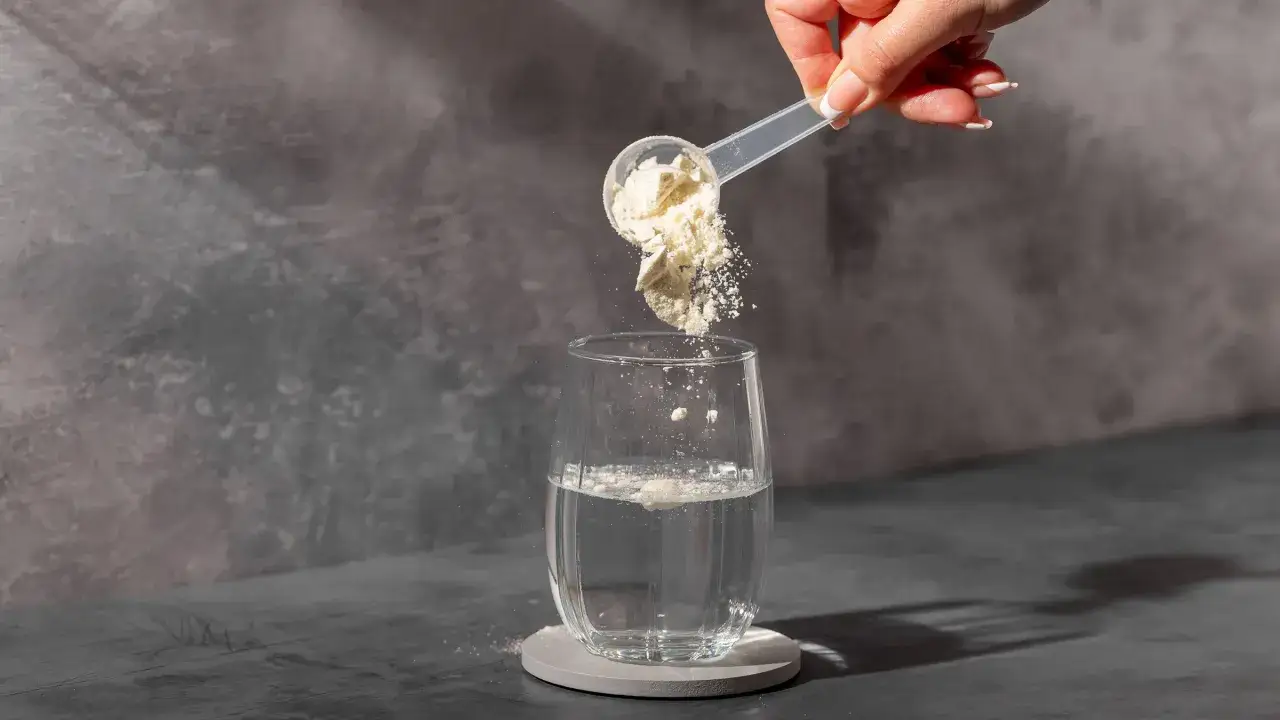 Dłoń wsypuje proszek colostrum do szklanki z wodą. Colostrum na co? Na wsparcie odporności i regeneracji.