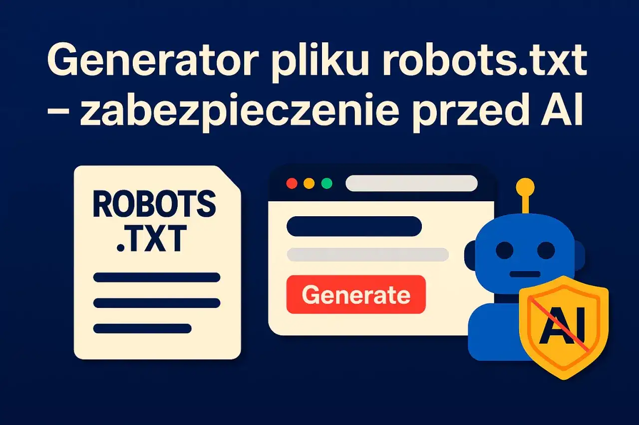 Generator pliku robots.txt chroniący przed AI. Ikona pliku robots.txt, okno przeglądarki z przyciskiem 