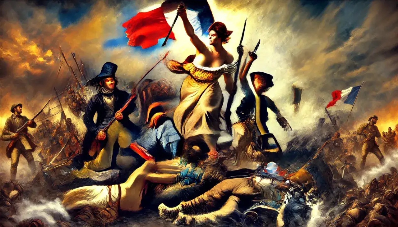 En dramatisk strid med en kvinna som håller den franska flaggan. Många soldater kämpar, vilket ger en känsla av historiska fakta om Napoleon.