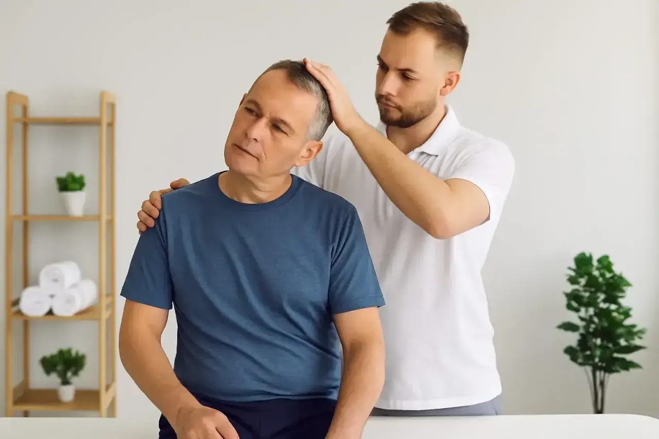 Osteopata delikatnie masuje kark starszego mężczyzny, pomagając mu poczuć ulgę. Czy osteopata jest lekarzem? To pytanie często zadawane przez pacjent&oacute;w.