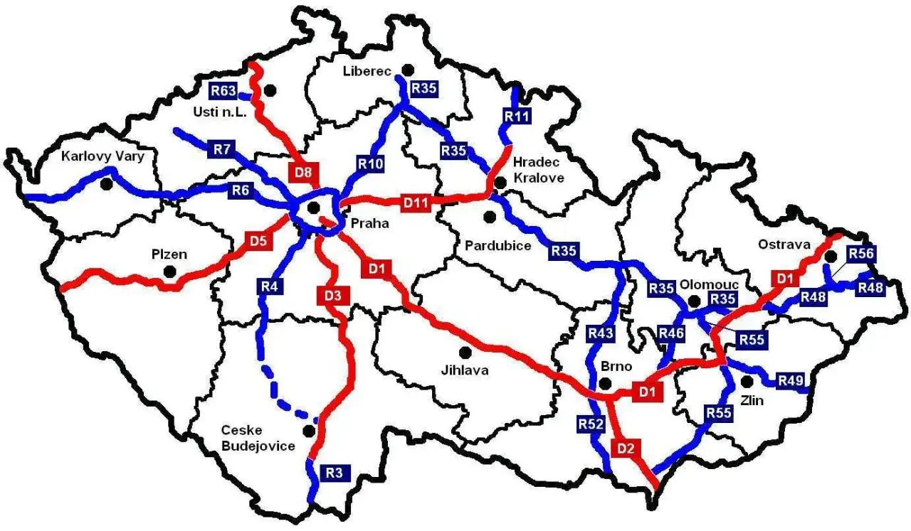 Mapa Czech z drogami ekspresowymi i autostradami. Czy w Czechach są winiety? Tak, na tych drogach.