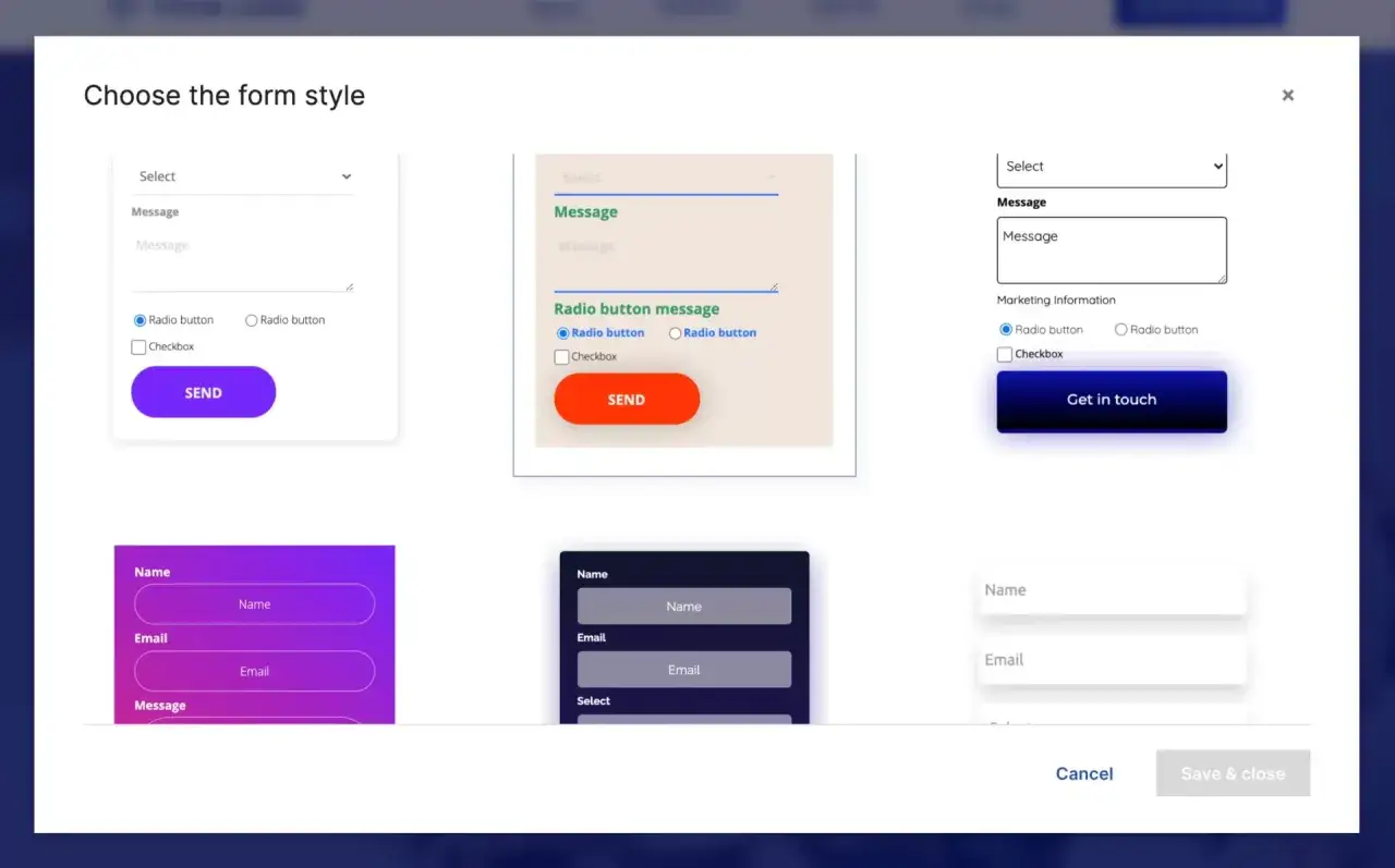 Muestra diferentes estilos de formularios para una landing page, con opciones de campos como nombre, email y mensaje, y botones de env&iacute;o.