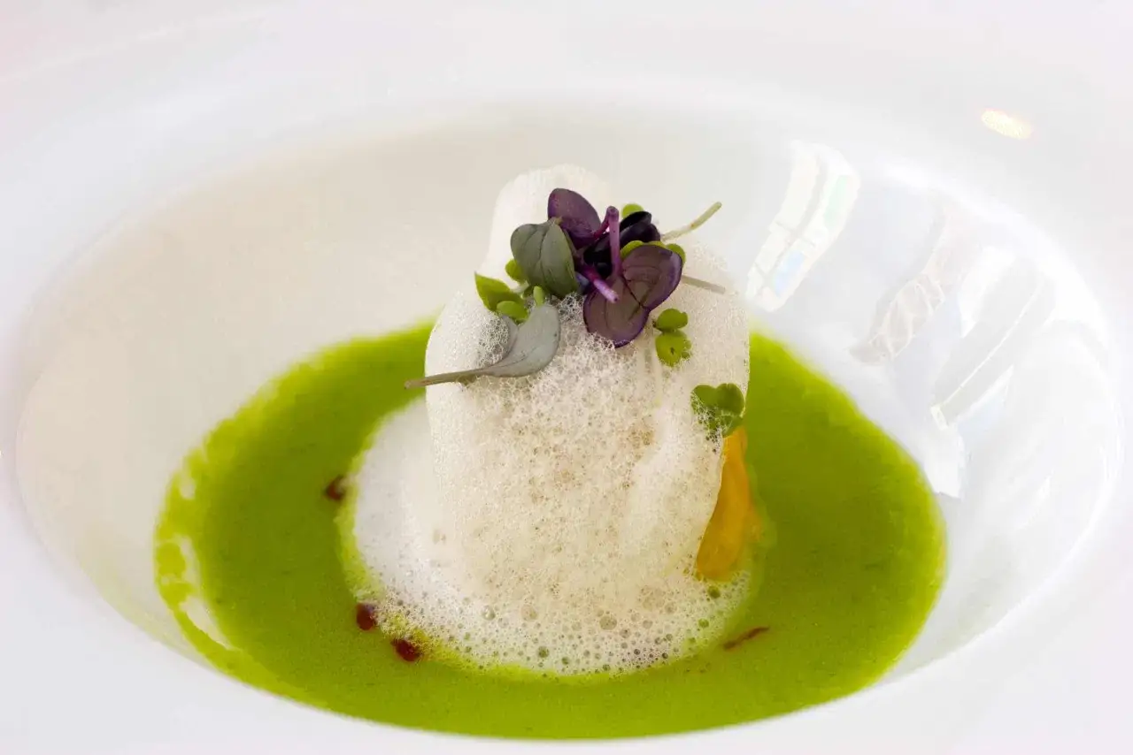 Delicioso plato con espuma con sifón, decorado con hojas moradas y verdes, sobre una base de salsa verde vibrante.