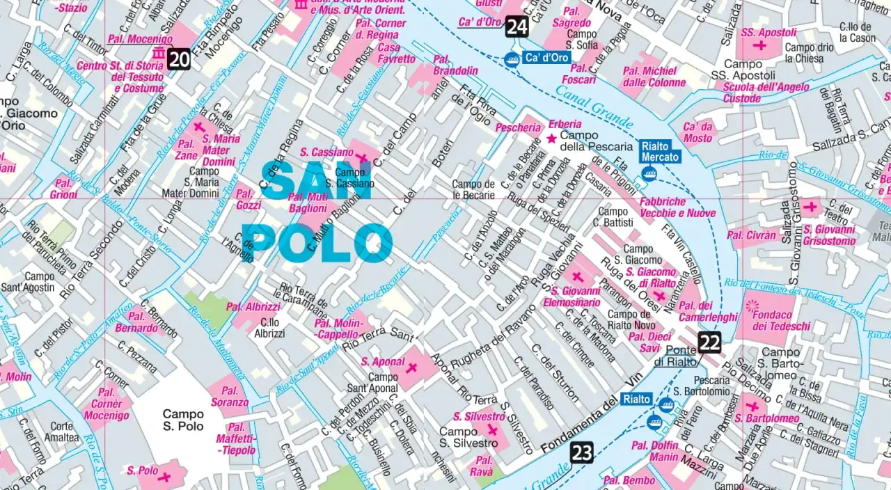 Mapa Wenecji z zaznaczoną trasą turystyczną, w tym Canal Grande i Rialto.