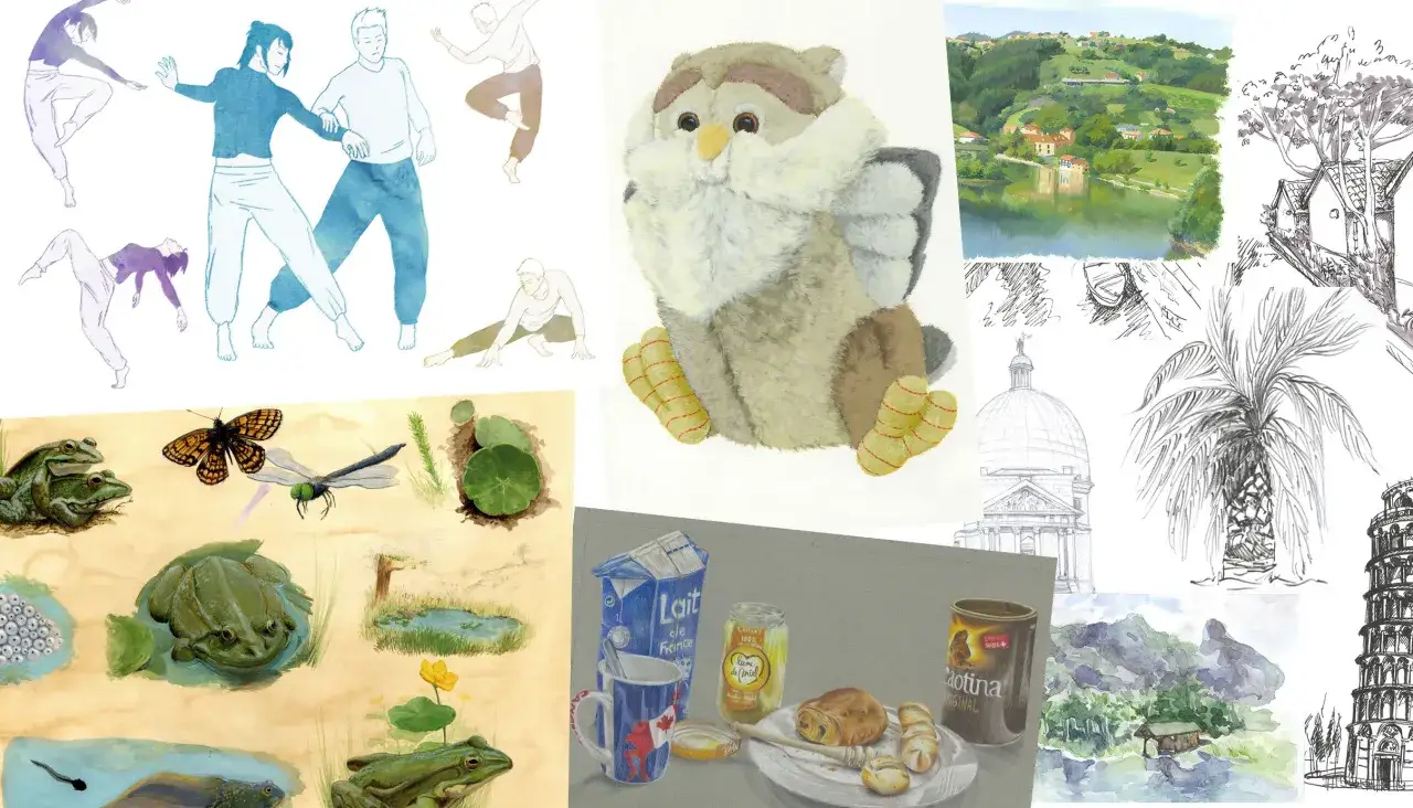 Portfolio dessin : croquis de danseurs, grenouilles, un hibou en peluche, une ville lacustre, une palme, une tour penchée et une scène de petit-déjeuner.