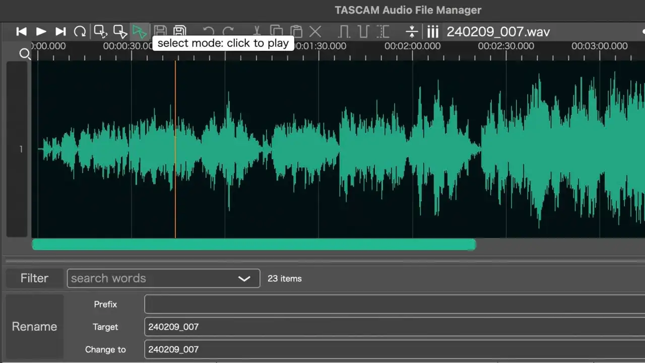 TASCAM Audio File Manager on a Mac shows a wav file waveform. The user is in select mode, ready to play.