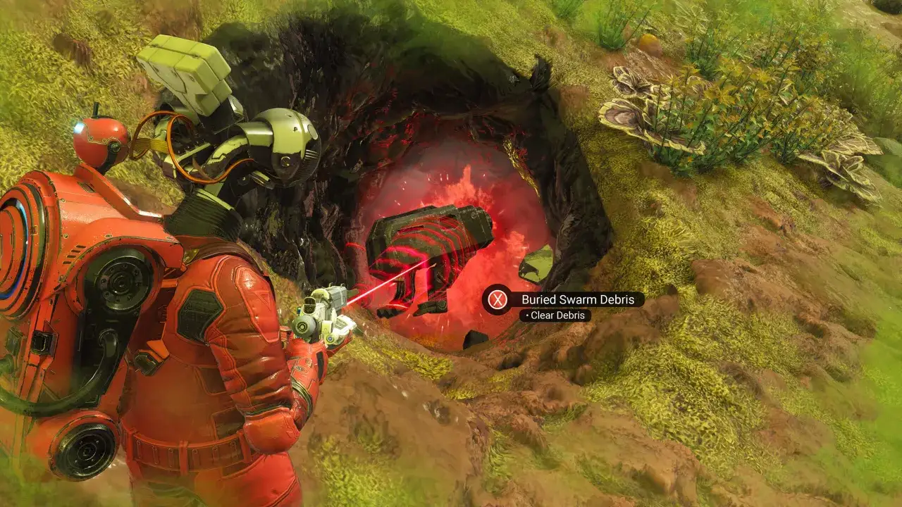 Odkrywca w skafandrze używa lasera do oczyszczenia zasypanych szczątków roju. To kolejna misja w **No Man's Sky aktualizacja**.