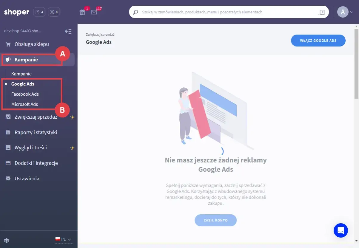 Panel administracyjny sklepu, sekcja Kampanie, opcja Google Ads. Możliwość włączenia płatnych reklam i zwiększenia sprzedaży.