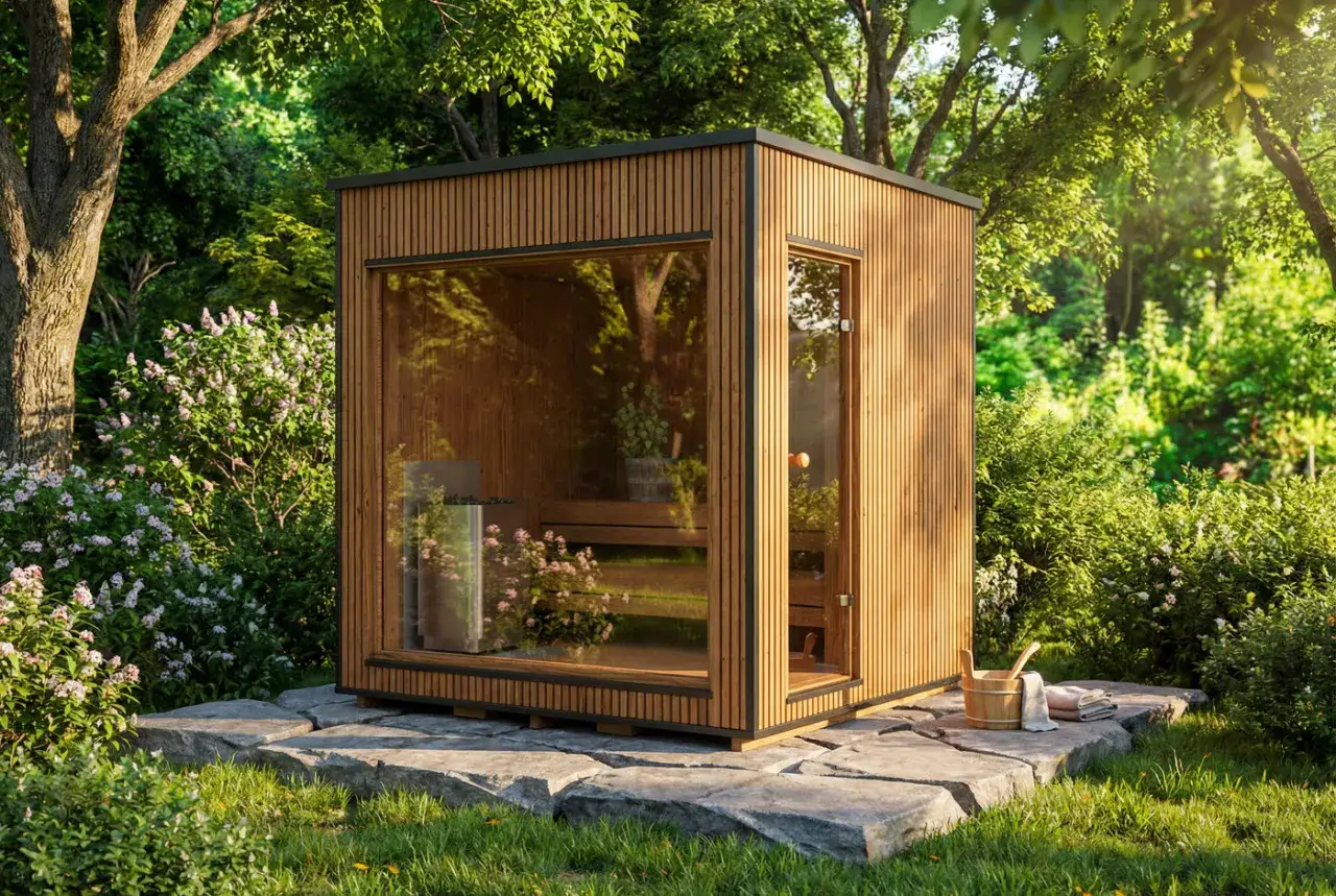 Moderne Gartensauna mit Glasfront, umgeben von &uuml;ppigem Gr&uuml;n. Ein Traum, um eine eigene Sauna bauen zu lassen.