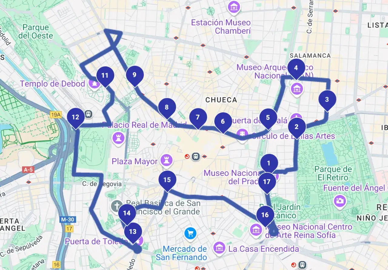 Eine detaillierte Madrid Route mit 17 markierten Stopps, die Sehensw&uuml;rdigkeiten wie den Tempel von Debod, den Retiro-Park und das Prado-Museum umfasst.