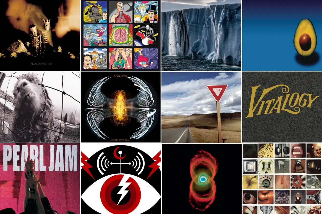 Collage d'albums de Pearl Jam : Riot Act, Yield, Vitalogy, et d'autres pochettes embl&eacute;matiques du groupe.