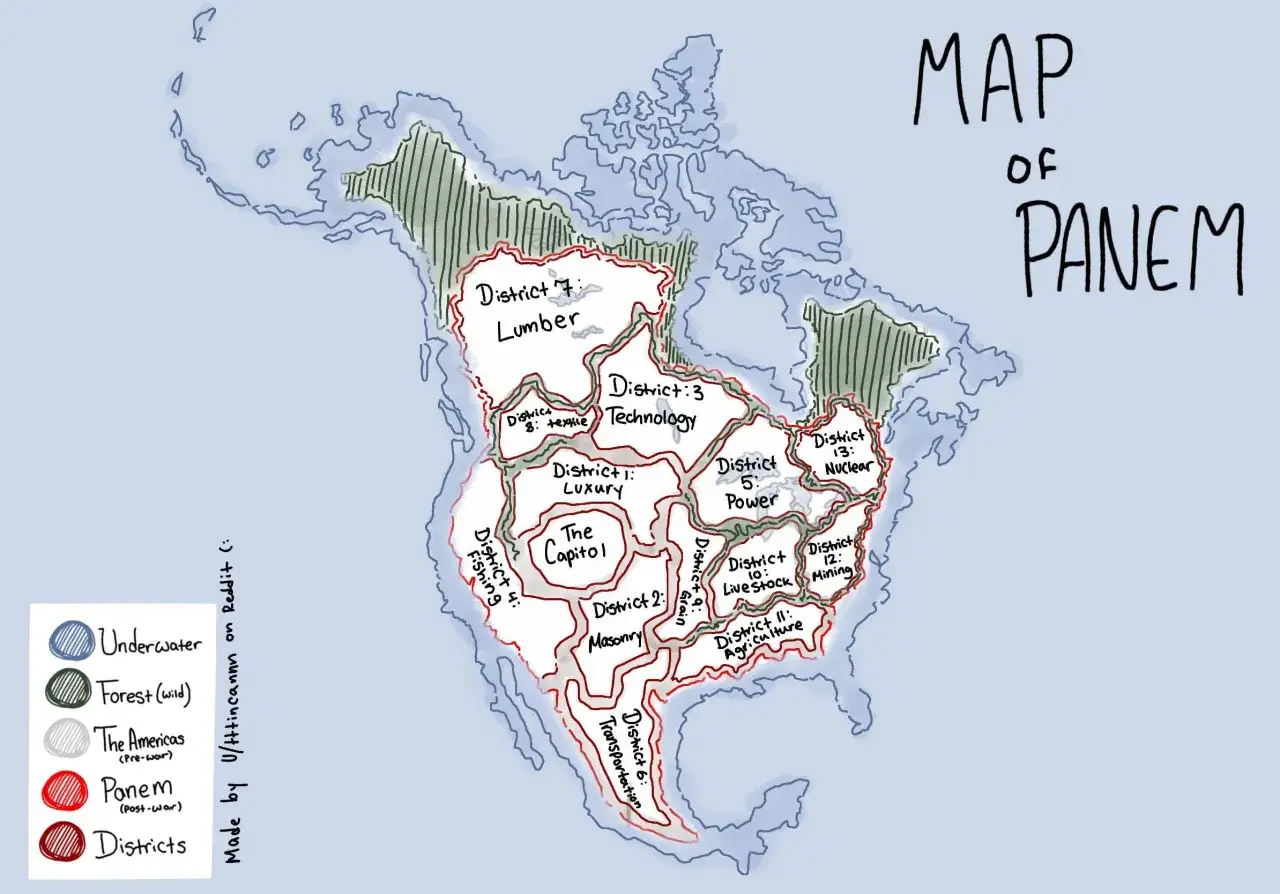 Mappa di Panem, che mostra i distretti e le loro specializzazioni, come nel mondo di Hunger Games.