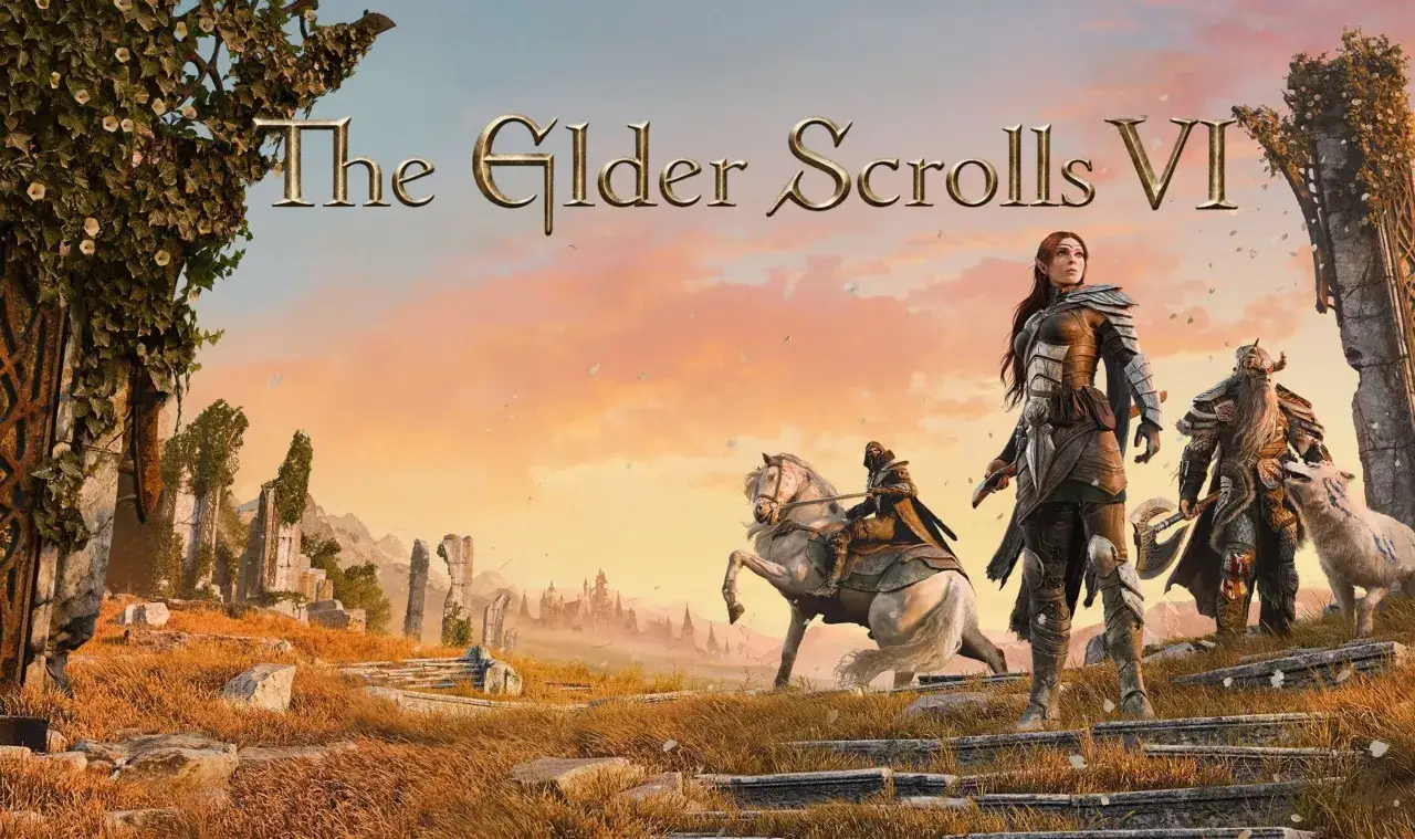 Postać na koniu i wojowniczka w zbroi na tle ruin i zamku. Zapowiedź gry The Elder Scrolls VI.