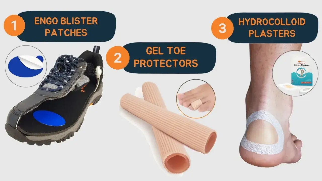 Protection pour le pied : patchs anti-ampoules, prot&egrave;ge-doigts en gel et pansements hydrocollo&iuml;des pour soigner une phlyct&egrave;ne.