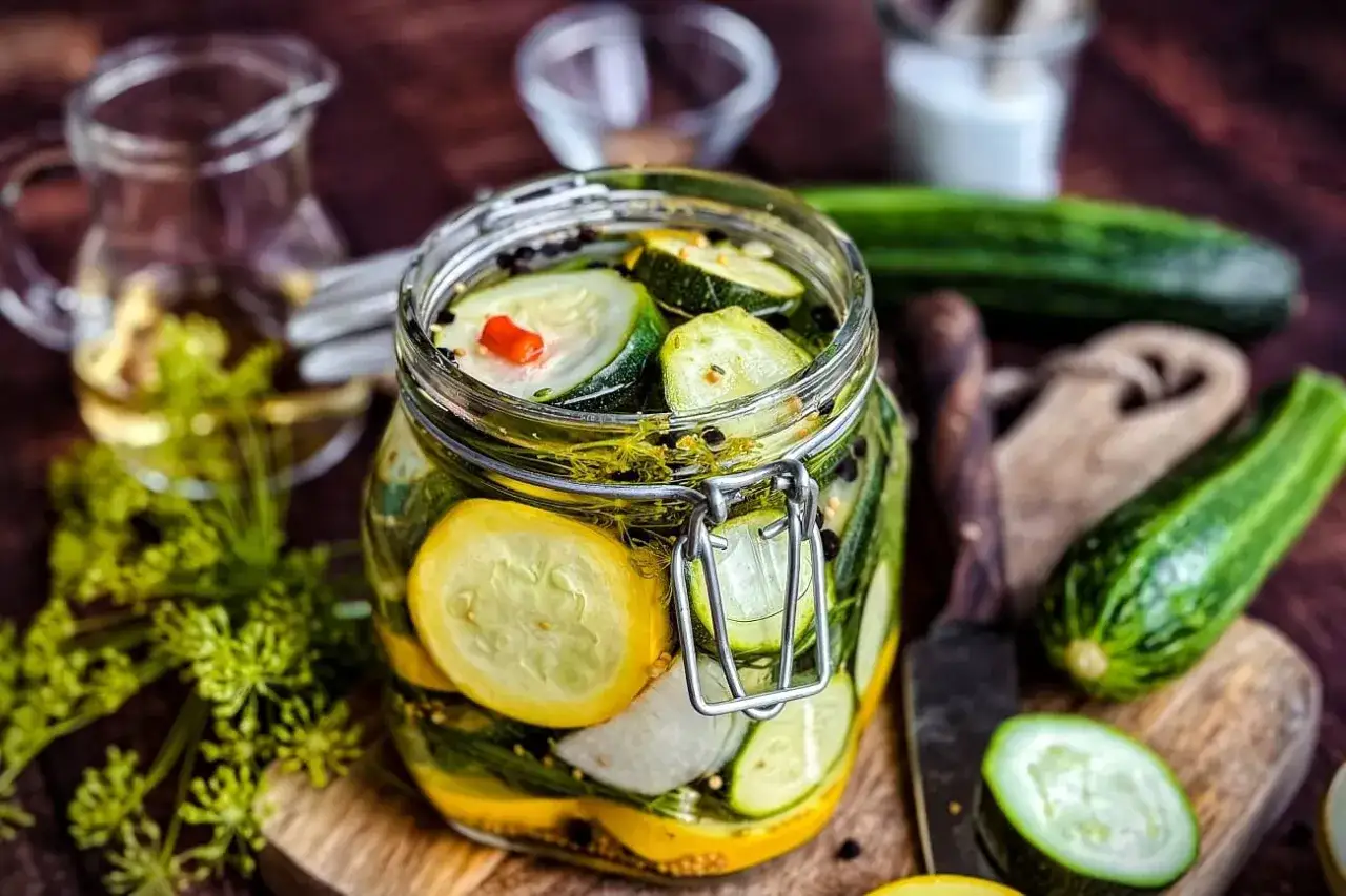 Eingelegtes Gemüse im Glas: Zucchini haltbar machen mit Dill, Pfeffer und Chili. Frische Zucchini liegen daneben.