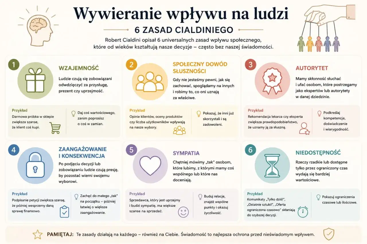 Zasady Cialdiniego: wzajemność, dow&oacute;d społeczny, autorytet, zaangażowanie, sympatia, niedostępność. Przykłady ilustrują, jak te reguły wpływają na nasze decyzje.