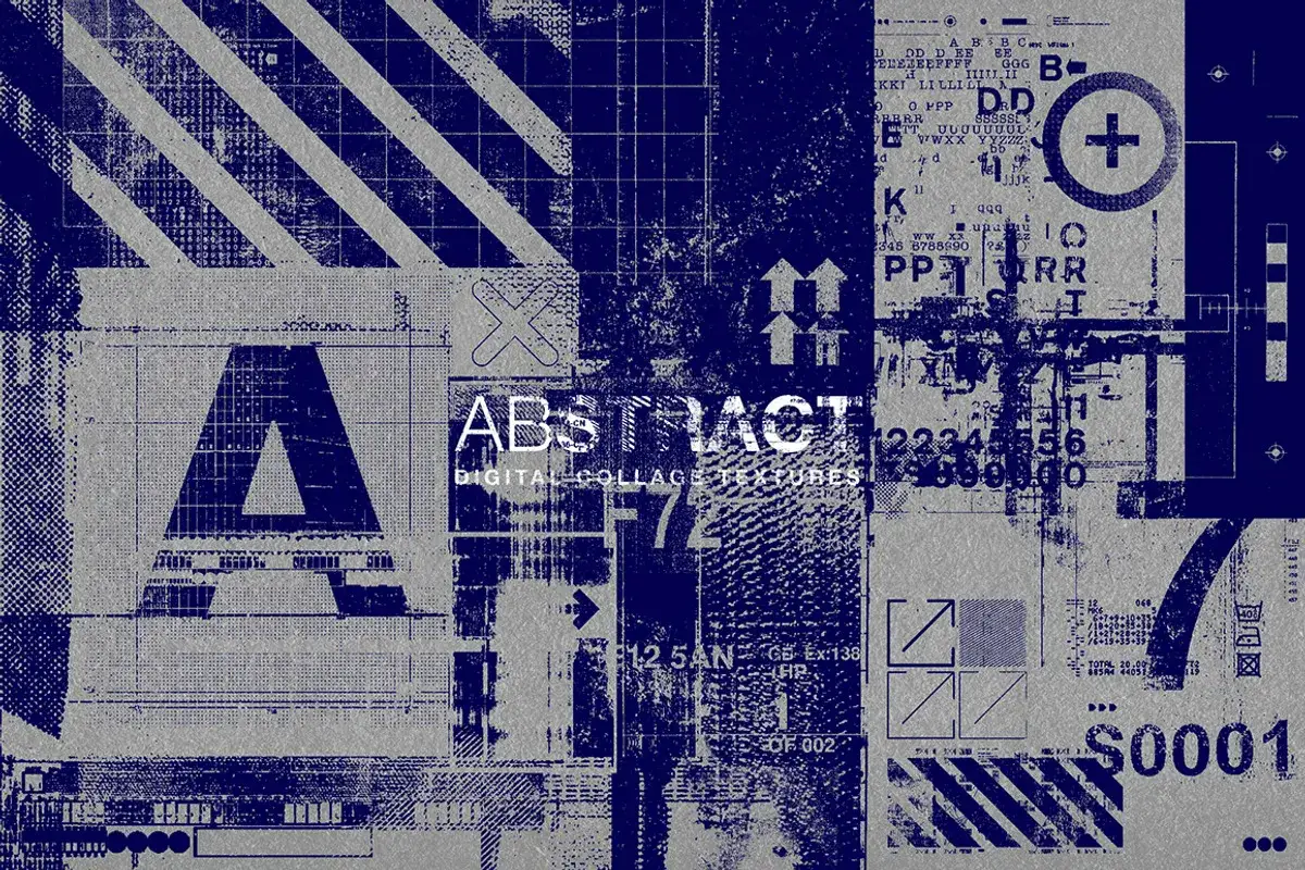 Abstract digital collage textures with a grunge aesthetic, featuring bold letters, numbers, and graphic elements. Cool textures for Photoshop.