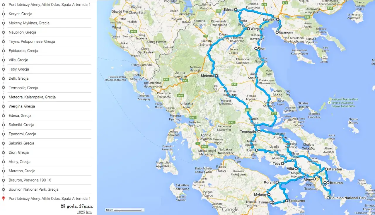 Trasa po Grecji: Ateny, Korynt, Mykeny, Epidauros, Nafplion, Delfy, Termopile, Meteory, Saloniki. Zastanawiasz się, ile leci się do Grecji? Ta mapa pokazuje trasę podróży po Grecji.