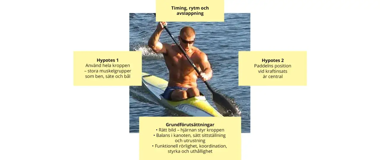 Man padlar kajak med fokus på timing, rytm och avslappning. Kroppen används effektivt för kraft.