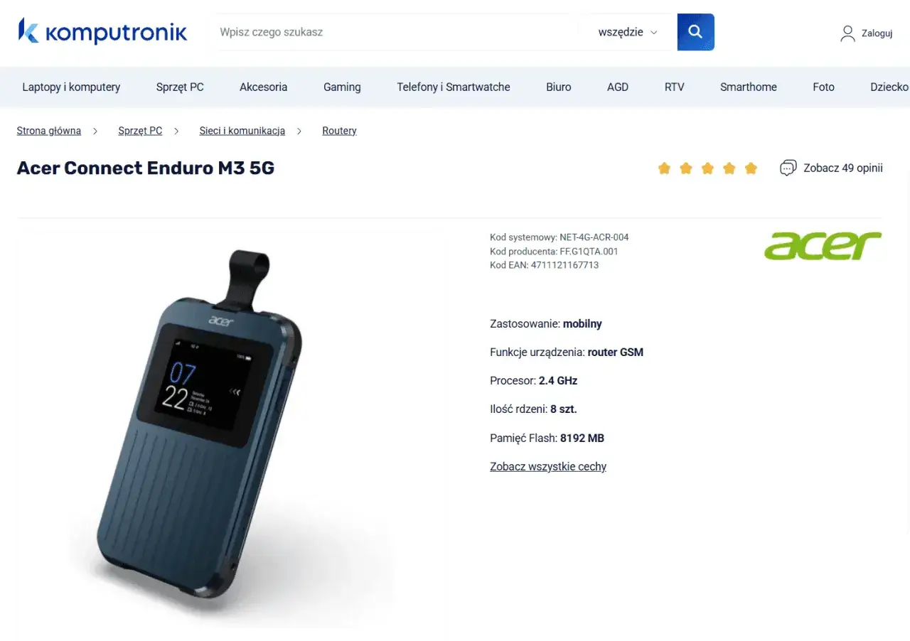 Mobilny router GSM Acer Connect Enduro M3 5G, który działa bez karty SIM, zapewniając łączność 5G.