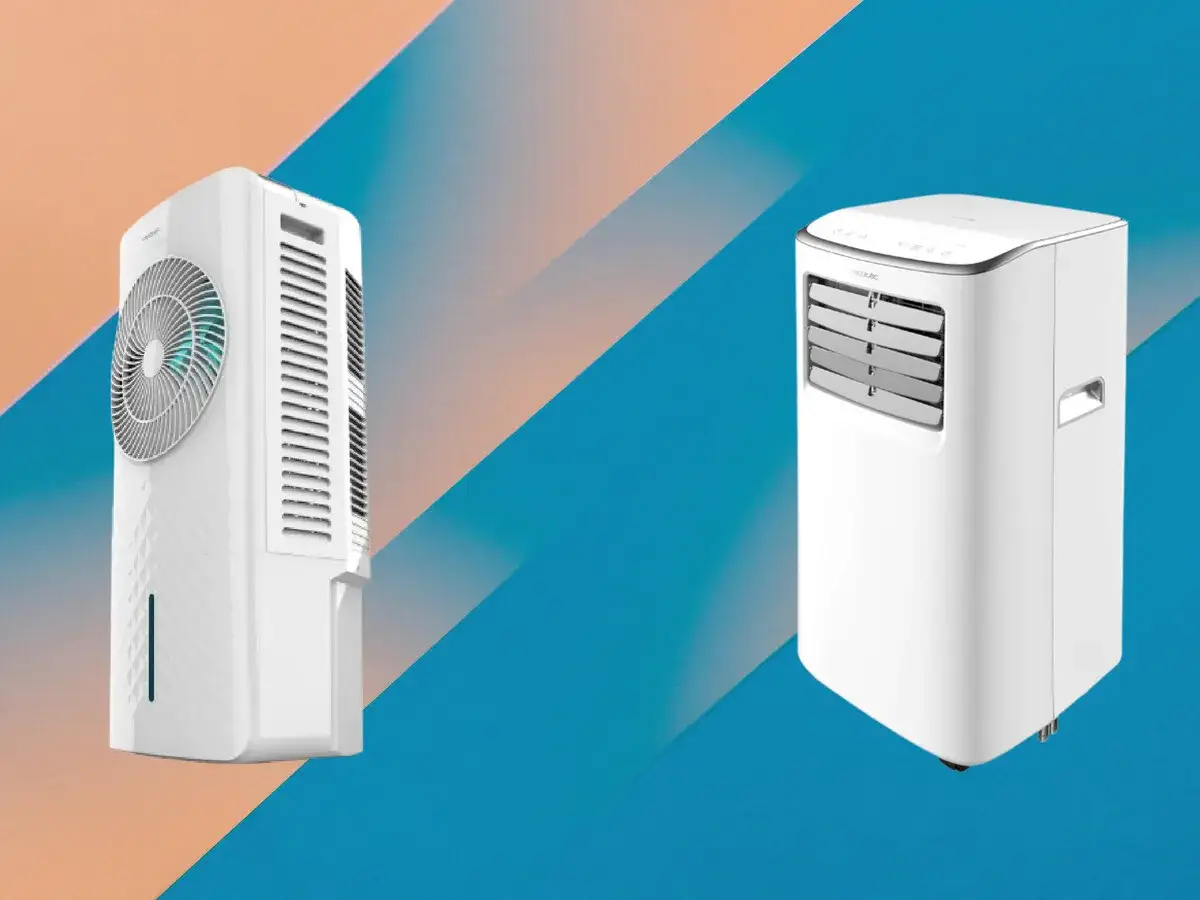 Comparativa: aire acondicionado portátil vs climatizador evaporativo. Dos aparatos blancos para refrescar tu hogar.