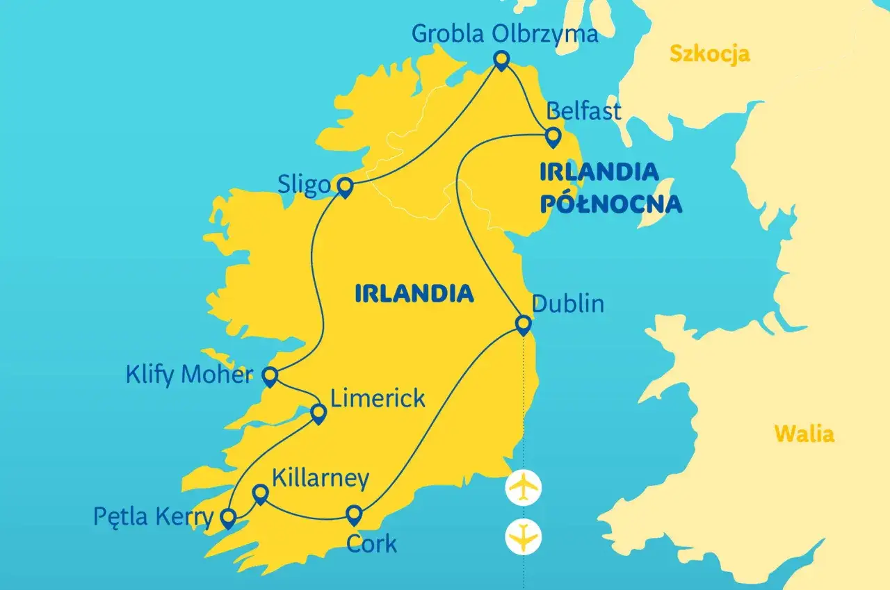 Mapa turystyczna Irlandii z zaznaczonymi miastami: Dublin, Belfast, Cork, Killarney, Limerick, Sligo, Klify Moher, Pętla Kerry. Widać też połączenia lotnicze.