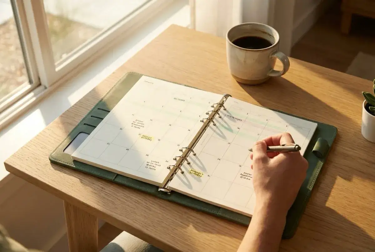 A hand writes in a planner, a visual guide on how to stick to a routine. A coffee mug sits nearby.