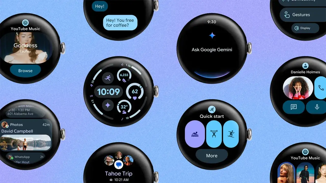 Zegarki z systemem Wear OS prezentują różne aplikacje: YouTube Music, Gemini, szybkie akcje i powiadomienia.