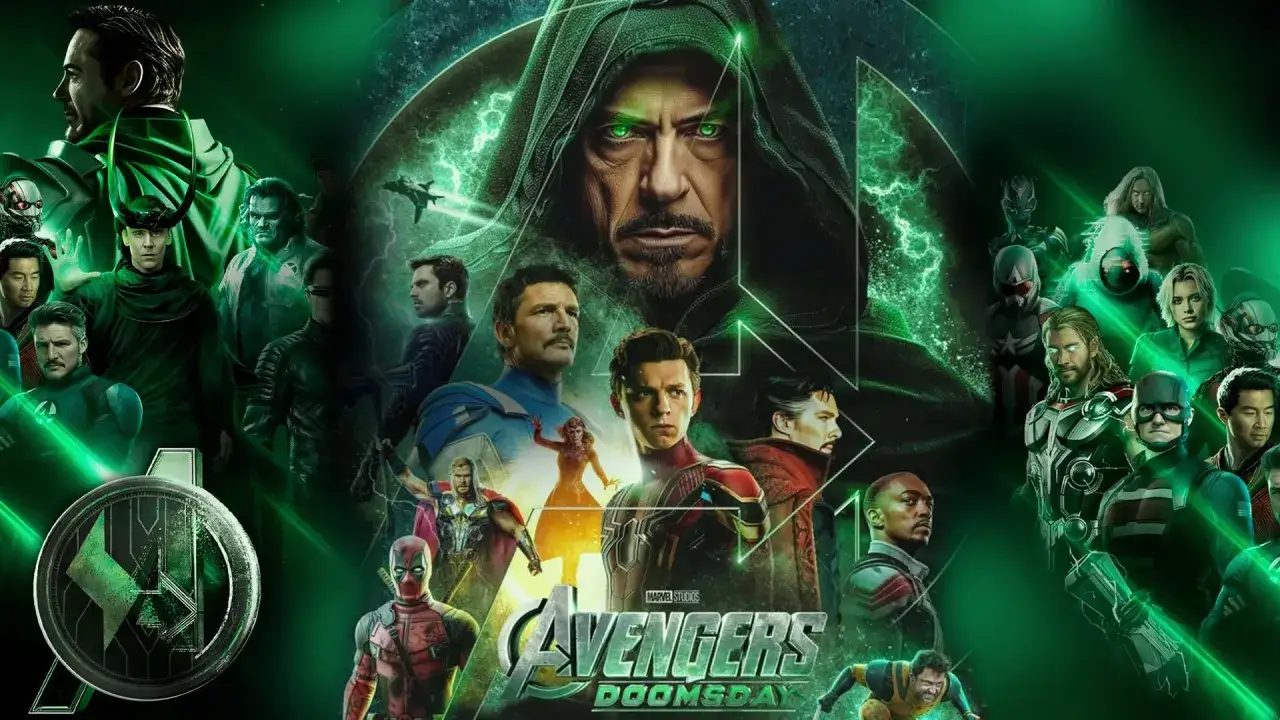 Plakat filmu Avengers Doomsday 2026. Tony Stark w kapturze, Spider-Man, Kapitan Ameryka, Thor i inni bohaterowie Marvela walczą z zagrożeniem.