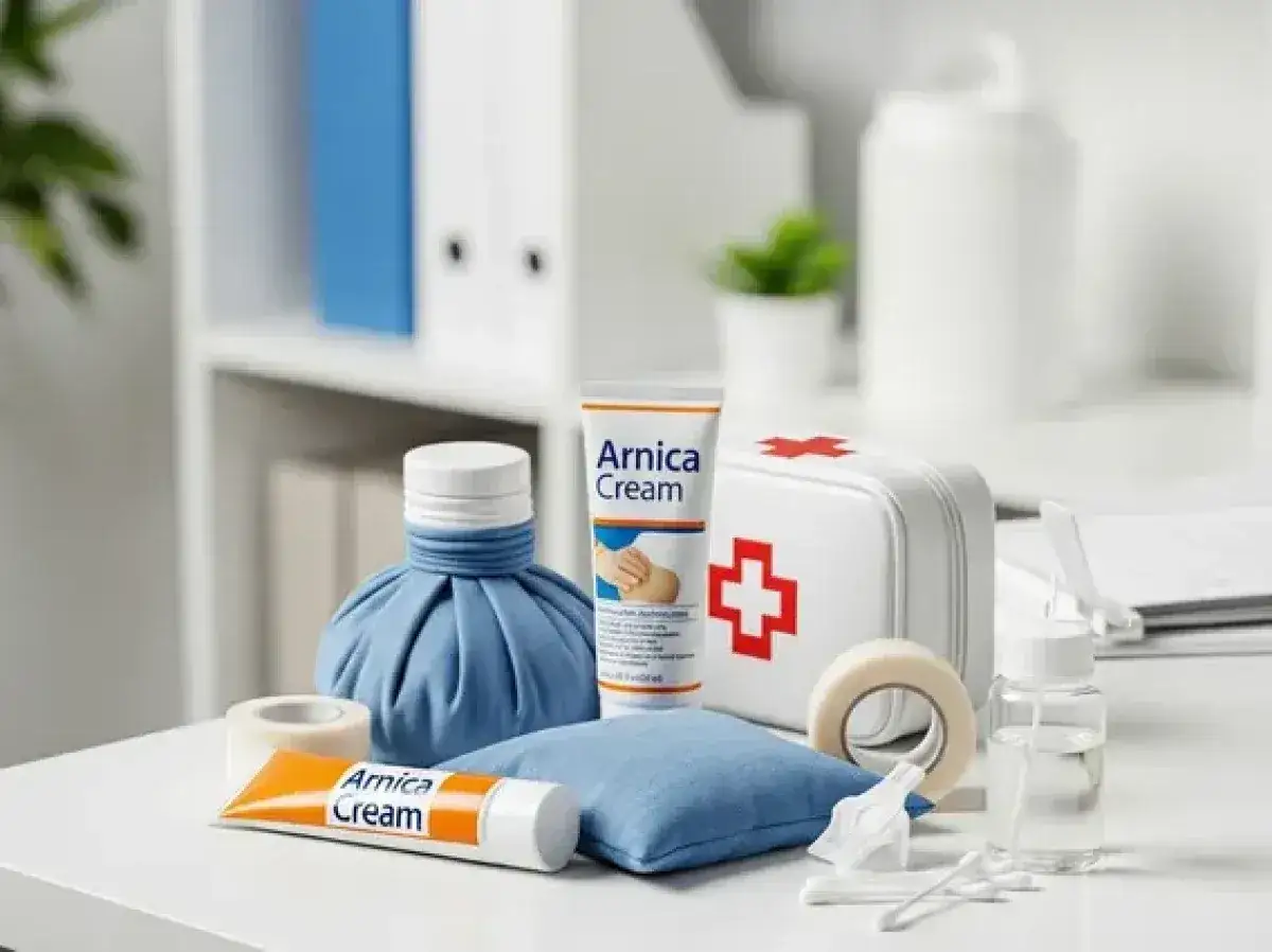 Zestaw pierwszej pomocy z kremem Arnica, idealny na siniaki. Znajduje się tu r&oacute;wnież kompres, plastry i woda utleniona.