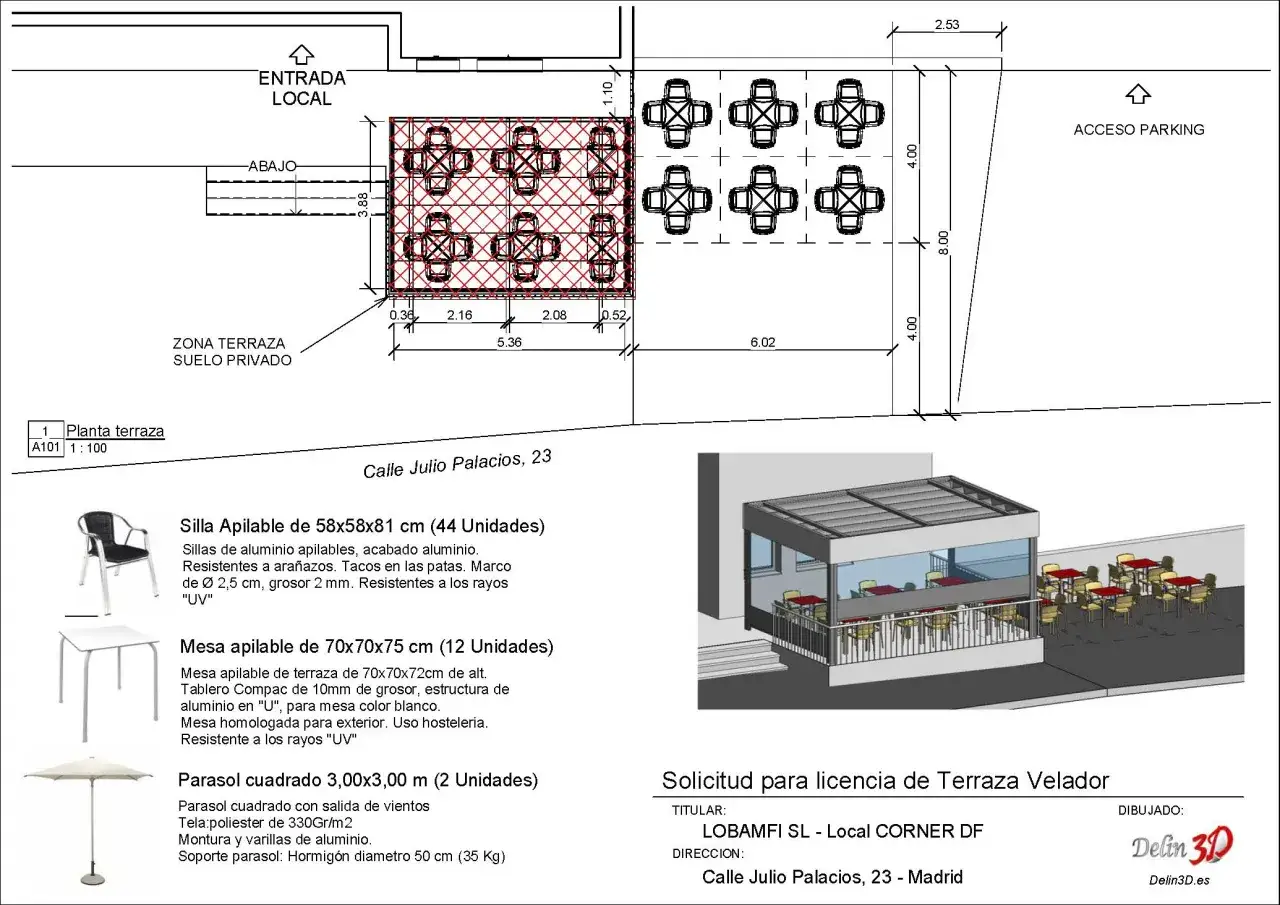 Plano de terraza para solicitud de licencias de restaurantes, con mobiliario y distribuci&oacute;n.