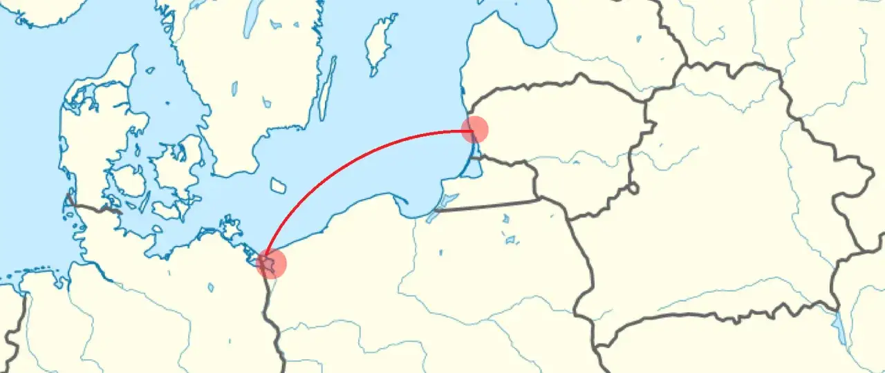 Mapa pokazuje trasę promu z Gdańska do Norwegii. Podróż morska przez Bałtyk i cieśniny duńskie.