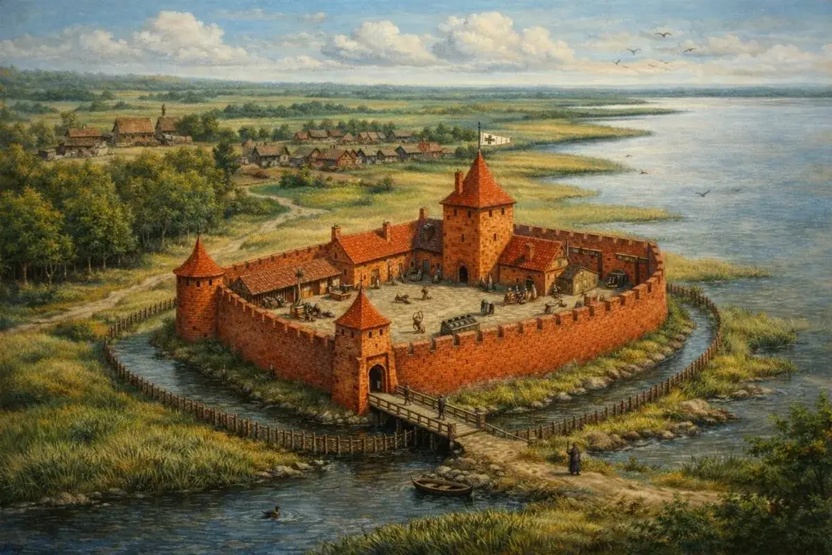 Kamienny zamek otoczony fosą, jeden z wielu zamków w pomorskim, z wioską w tle i jeziorem.