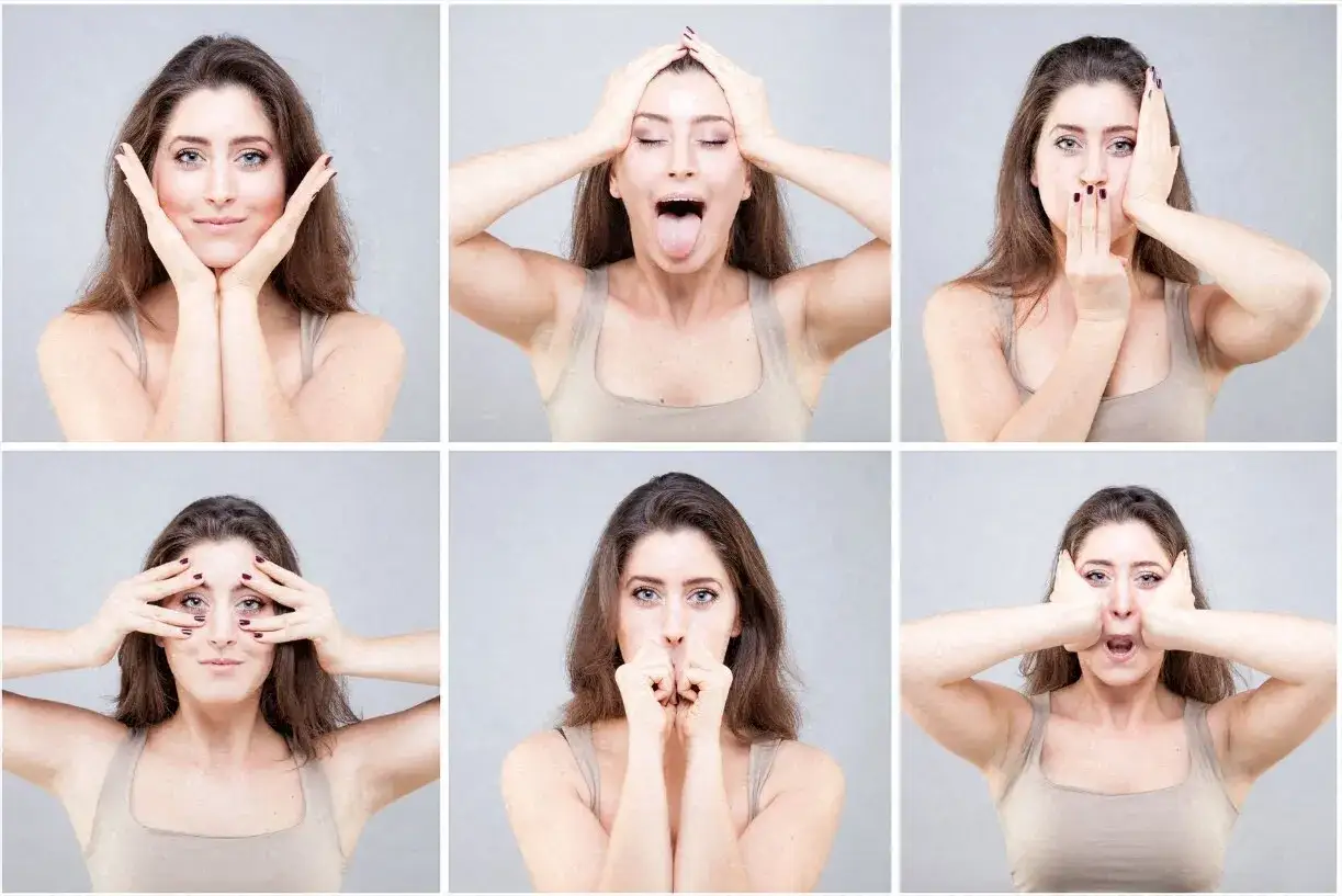 Six vignettes montrant une femme pratiquant le yoga du visage, avec différentes expressions et positions des mains.