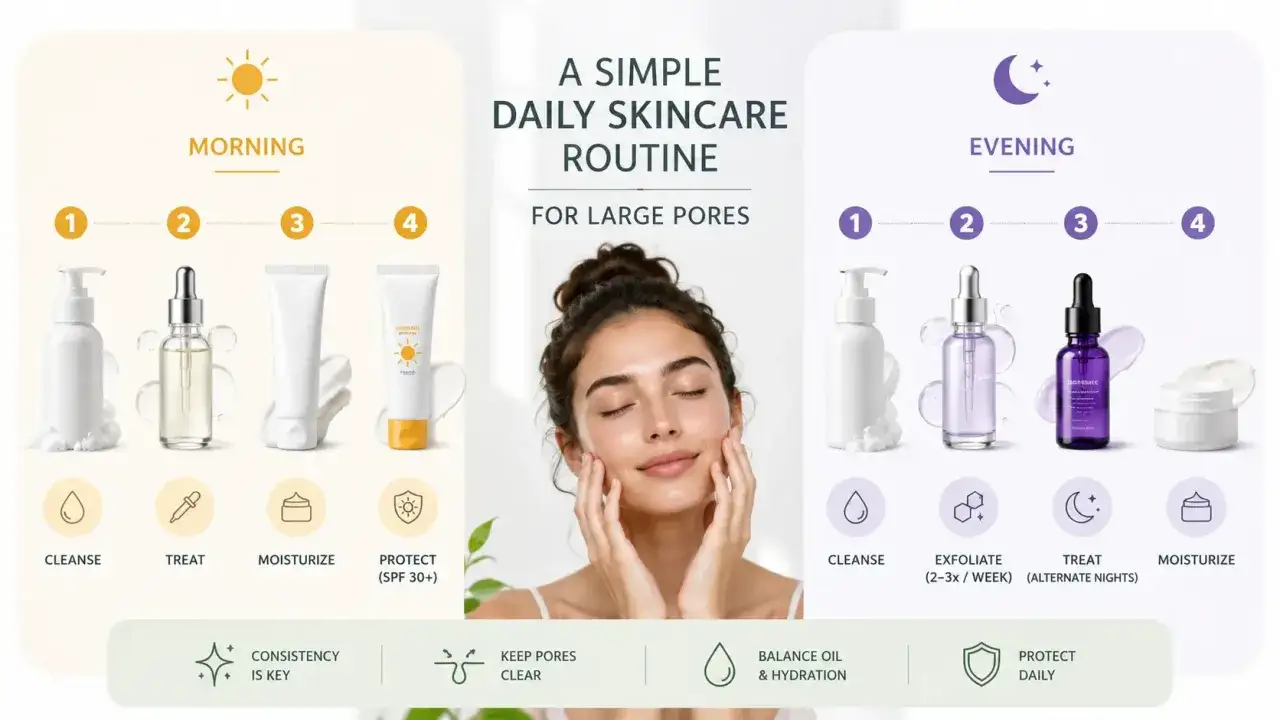 Rutina de cuidado facial para poros grandes: limpieza, tratamiento, hidratación y protección. Sigue estos pasos para cerrar poros y lograr una piel radiante.