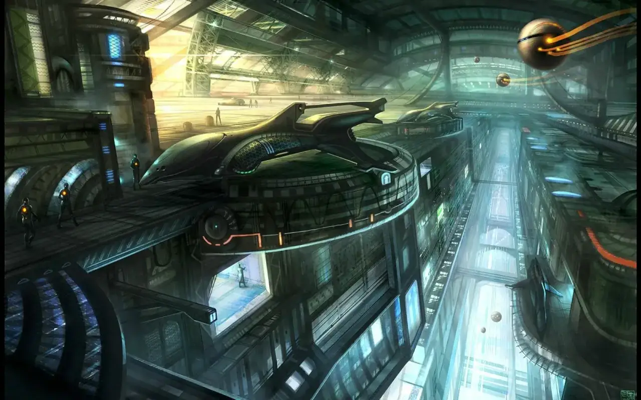 Futurystyczny hangar statk&oacute;w kosmicznych, idealny do scen z filmu science fiction. Widać tu kilka pojazd&oacute;w, postaci w skafandrach i latające drony.